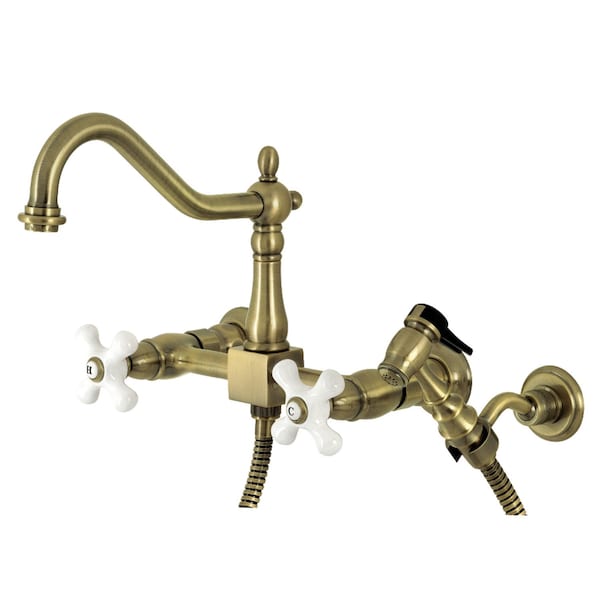 Heritage 2-Handle Wall Mnt Bridge Kitchen Faucet W/Brass Sprayer, Brass